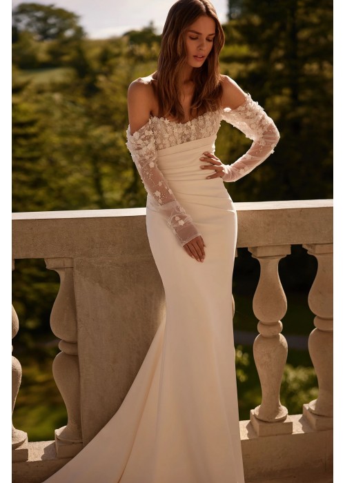 Luxury Wedding Dress - Mermaid Boat-neck Small 3D Flowers with Long Sleeves - Petal - LDK-08291.00.17